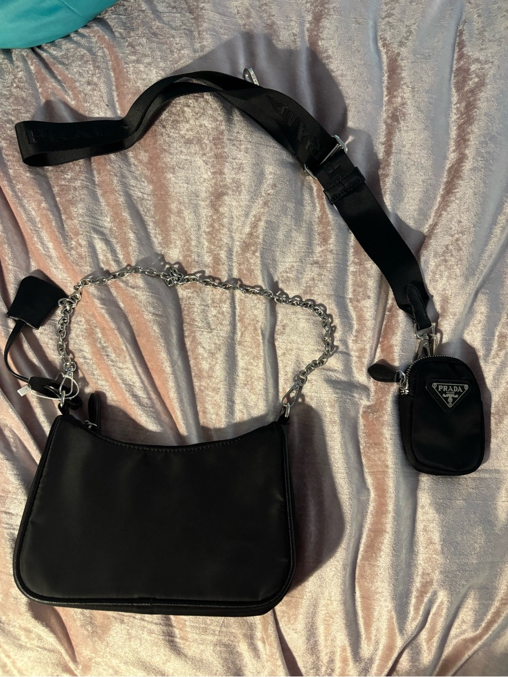Prada Black Nylon Shoulder Bag with Chain and Web Strap and Pouch - Picture 2 of 3